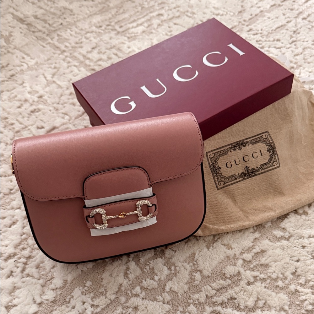 Gucci Horsebit 1955 Crystal Shoulder Bag Pink Leather Gold Chain NEW w Box - Picture 5 of 6